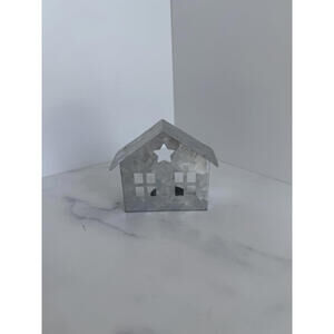 Christmas Holiday Small Metallic Silver House Candle Holder Star Cutout Decor
